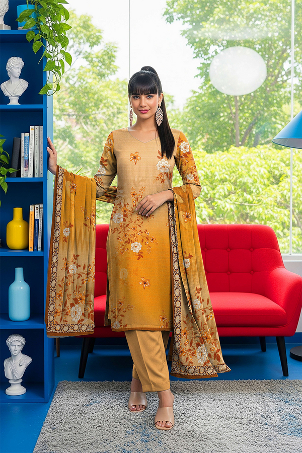 Aleezay Vol 2496 – Superior Fancy Peach Printed 3-Piece Suit with Dupatta & Dyed Trouser