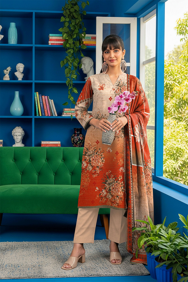 Aleezay Vol 2496 – Superior Fancy Peach Printed 3-Piece Suit with Dupatta & Dyed Trouser