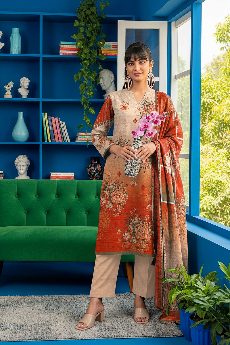 Aleezay Vol 2496 – Superior Fancy Peach Printed 3-Piece Suit with Dupatta & Dyed Trouser